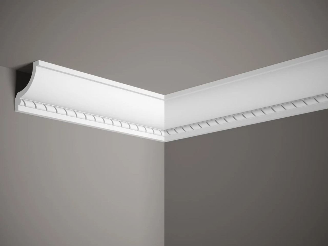 Corniche de plafond blanc mate en Profoam, dimensions 200 x 7 x 7,6 cm