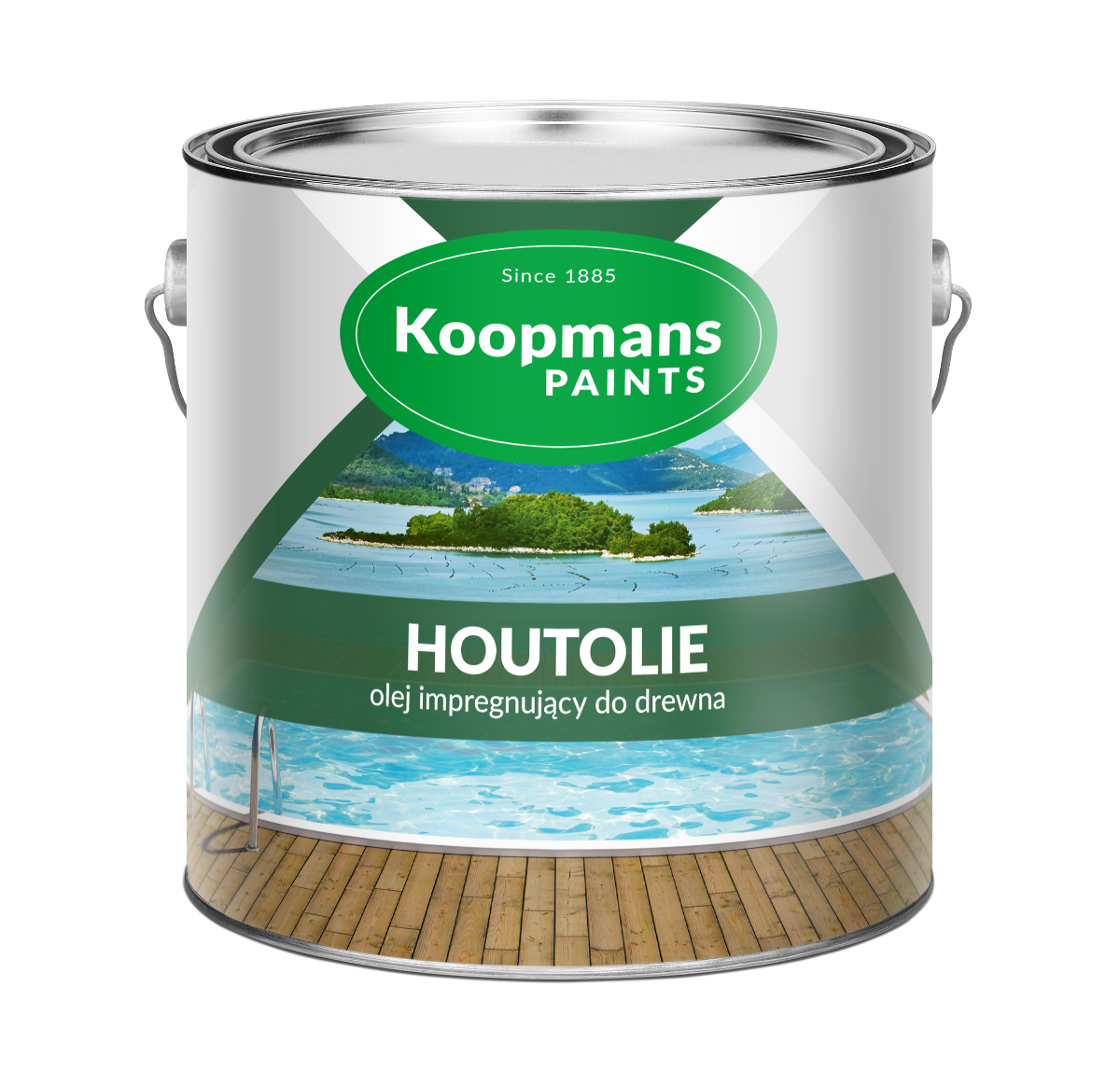 Bouteille de 2,5 L d'huile d'imprégnation pour bois Koopmans, vue frontale du produit.