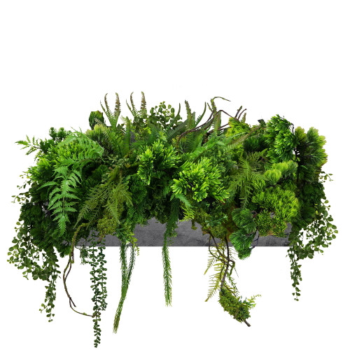 Composition florale élégante pour pot, mélange harmonieux de plantes vertes et fleuries, style natur Composition florale élégante pour pot, mélange harmonieux de plantes vertes et fleuries, style natur