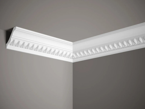 Corniche de plafond blanc mate en Profoam, dimensions 200 x 7,5 x 7,8 cm, finition lisse et moderne.