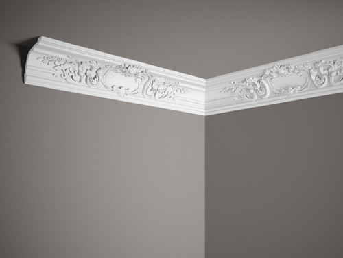 La moulure de plafond MDA109 est un profil ornemental haut avec une décoration florale raffinée. La plinthe a été fabriquée en technologie PolyForce. Ce matériau est très imperméable et résistant à la lumière du soleil.