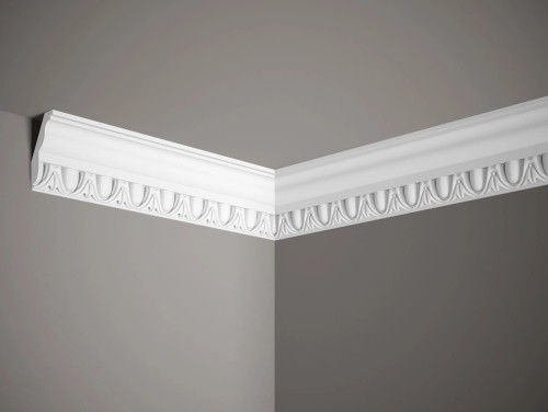 Corniche de plafond blanc mate en Profoam, dimensions 200x7,8x4,4 cm