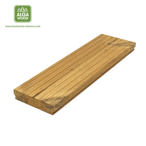 Vue de face de la lame de terrasse rainurée en pin thermo-traité, dimensions 2,6 × 11,7 cm, classe A