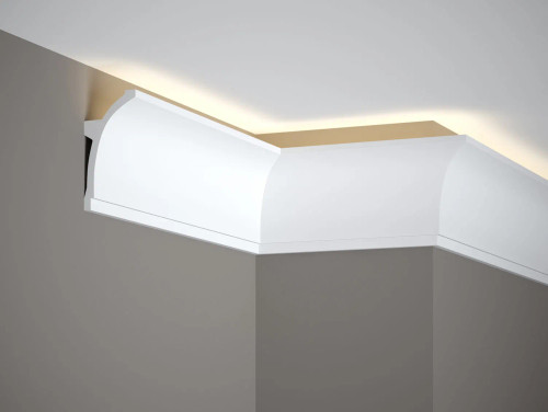 La bande lumineuse MDB100 est un profilé lisse et légèrement incurvé vers le plafond. La bande fournira un effet d’éclairage parfait pour la pièce avec l’utilisation d’une bande LED. Fabriqué en matériau ProFoam léger avec des propriétés imperméables.
