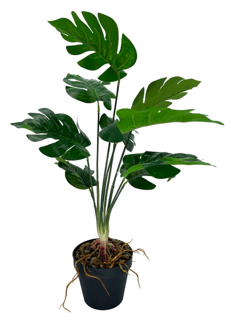 Monstera artificielle détaillée avec feuilles percées, hauteur 52 cm.