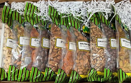 1 lb. each: Salted Pistachios, California Mix, Dried Nectarines, Chocolate Almonds, Pecans, Dried Apricots, Salted Almonds, Chocolate Raisins, Golden Raisins, & Walnuts