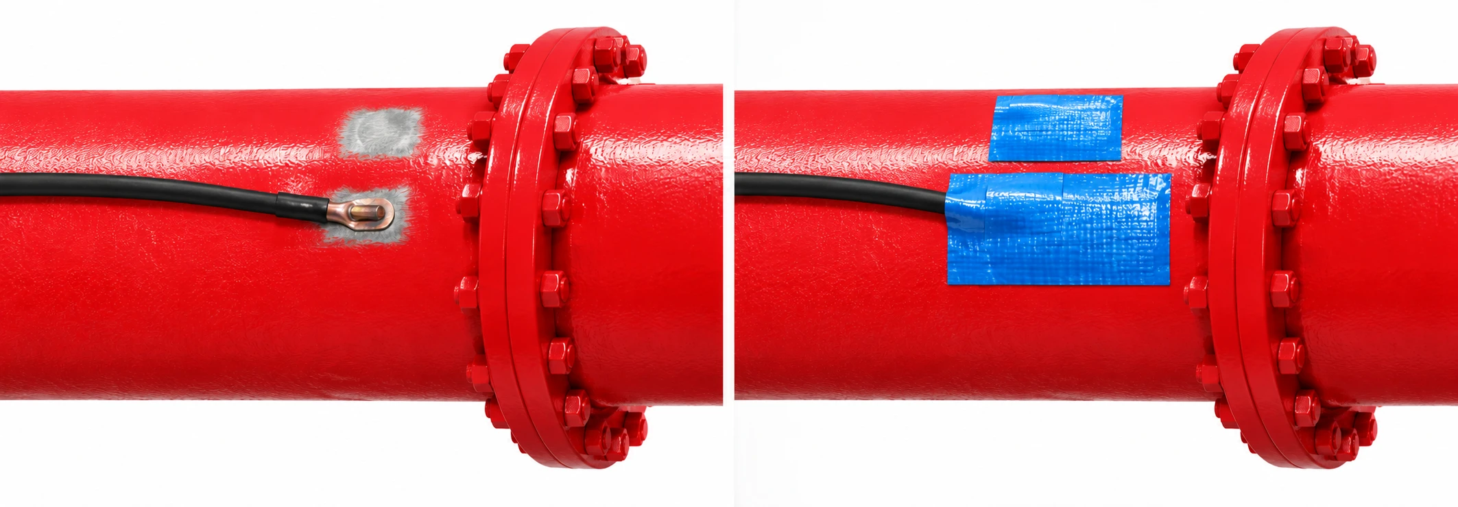 Illustrated comparison: a black cable pin-brazed to a red steel pipe, with a separate magnetic-ground grind spot, followed by both areas covered with separate blue PERMASEAL patches.