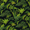Fernleaf patchwork and quilting fabric NZ fern fronds in greens on navy background