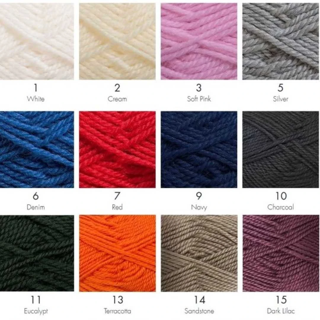 Red Hut 8ply / DK - 50 gram / 100metres - 100% Pure NZ Wool - shade chart - colours 17 to 29