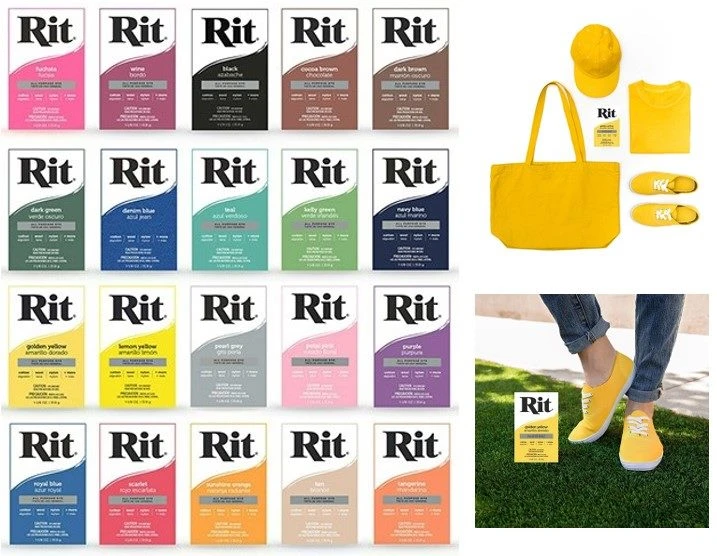 RIT Fabric Dye Concentrate Powder 32 grams per box shade chart with examples
