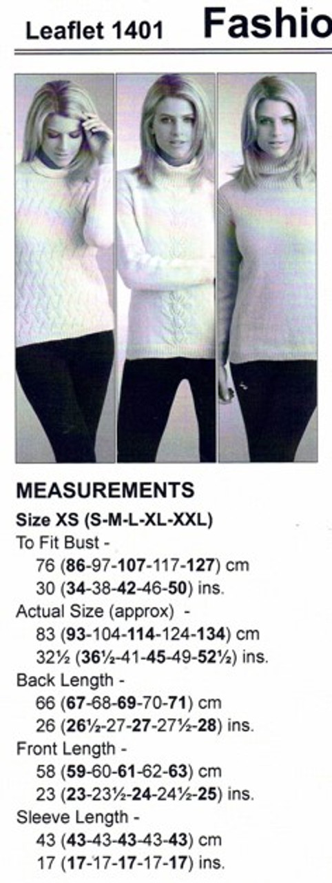 1401 Ladies 8ply jumper in 3 styles lace panel front lace or plain front - sizes XS to XXL - knitting pattern detail