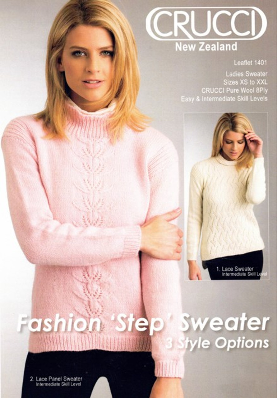 1401 Ladies 8ply jumper in 3 styles lace panel front lace or plain front - sizes XS to XXL - knitting pattern image