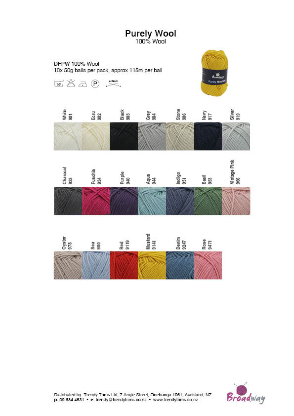 Broadway Purely Wool 8ply 50gm Colour Chart