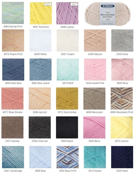 Patons Dreamtime Merino 4 ply - machine wash - 50 grams / 169 metres - shade chart