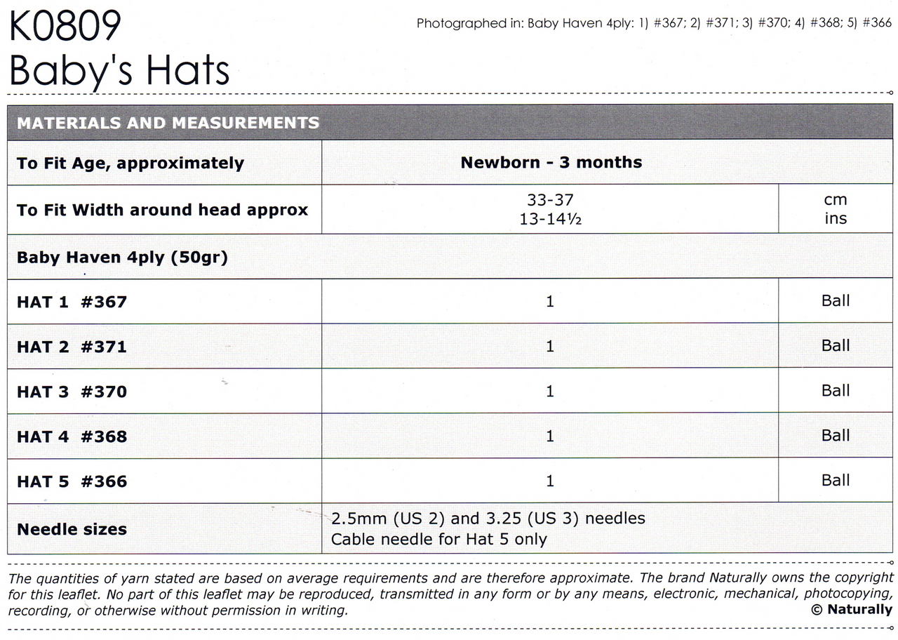 K0809 Baby Haven 4ply Hats in 5 styles 0 to 3 months