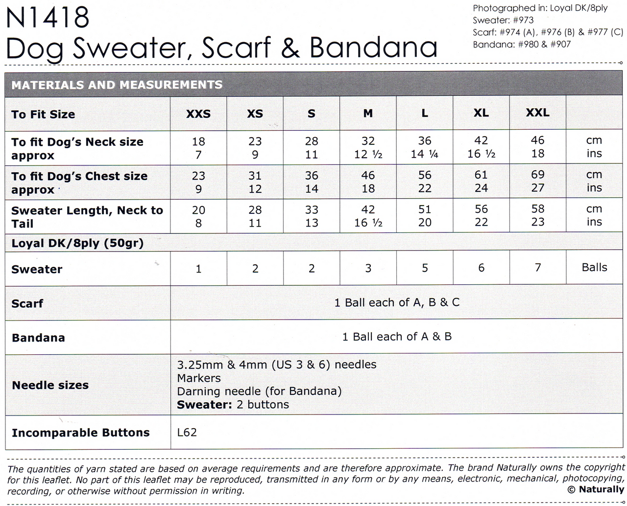 N1418 Loyal Dog Jacket & Collars in 8ply sizes XXS to XXL