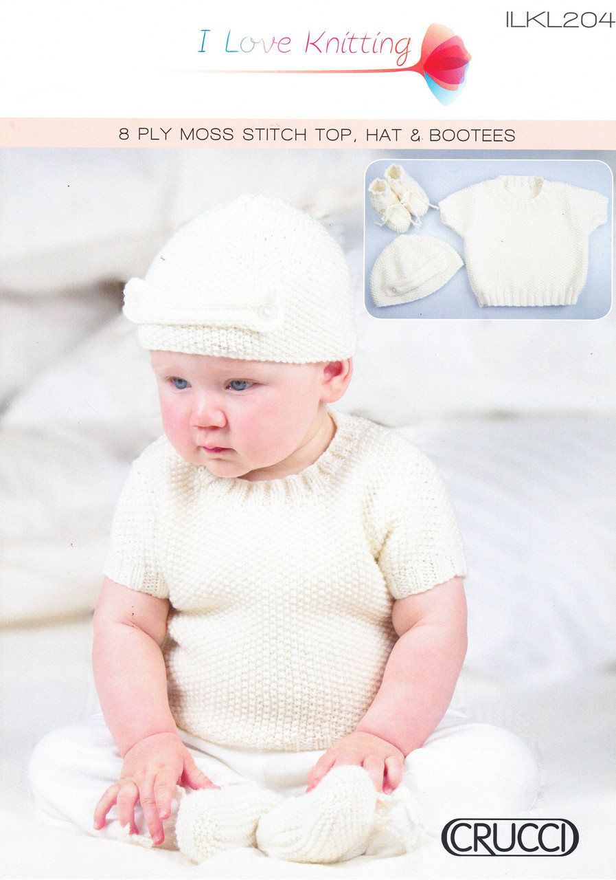 204 Baby short-sleeved Top in moss stitch with Hat & Booties in 8ply sizes 0 to 12 months