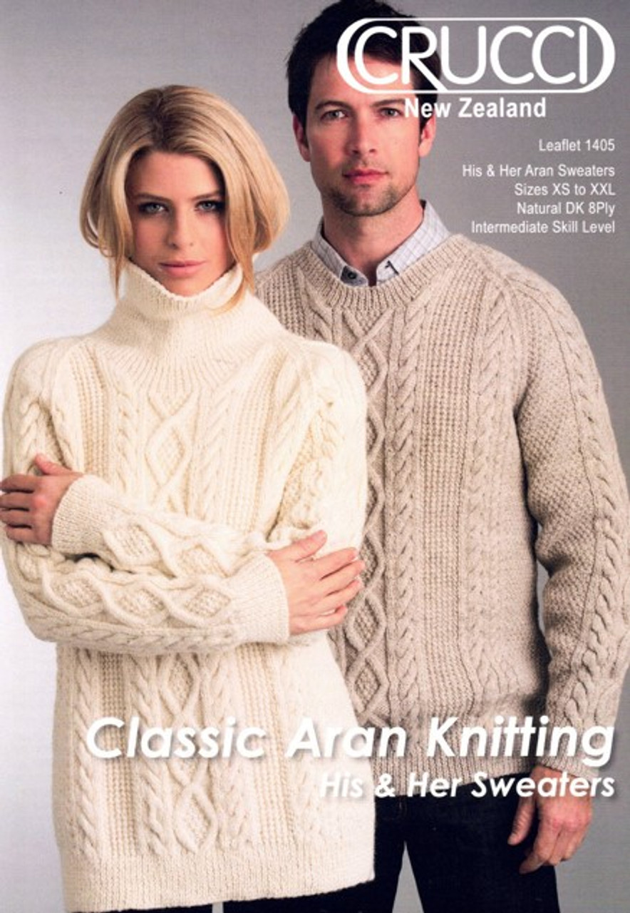 1405 His & Her raglan cabled Aran Sweaters with round or roll neck in 8 ply sizes XS to XL - knitting pattern image