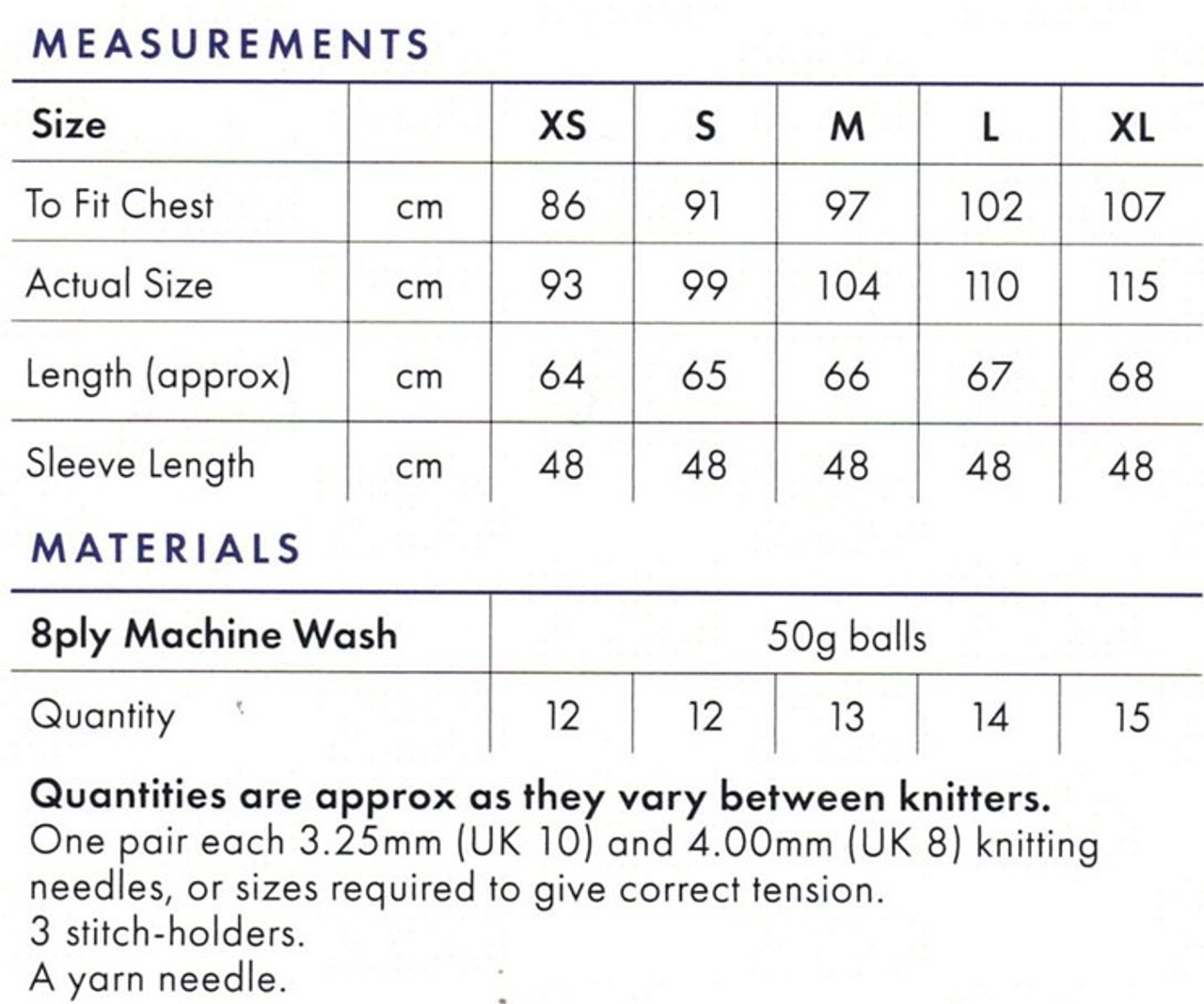 round or v-neck in 8 ply - sizes S to XL - knitting pattern detail