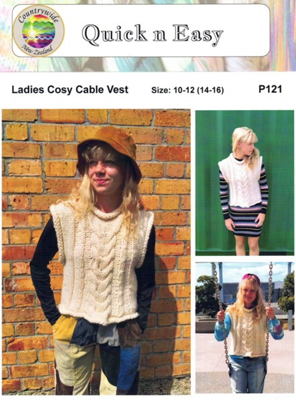 P121 Womens & Teens Cosy Cable Vest in Quick n Easy bulky yarn - sizes 10-12 and 14-16