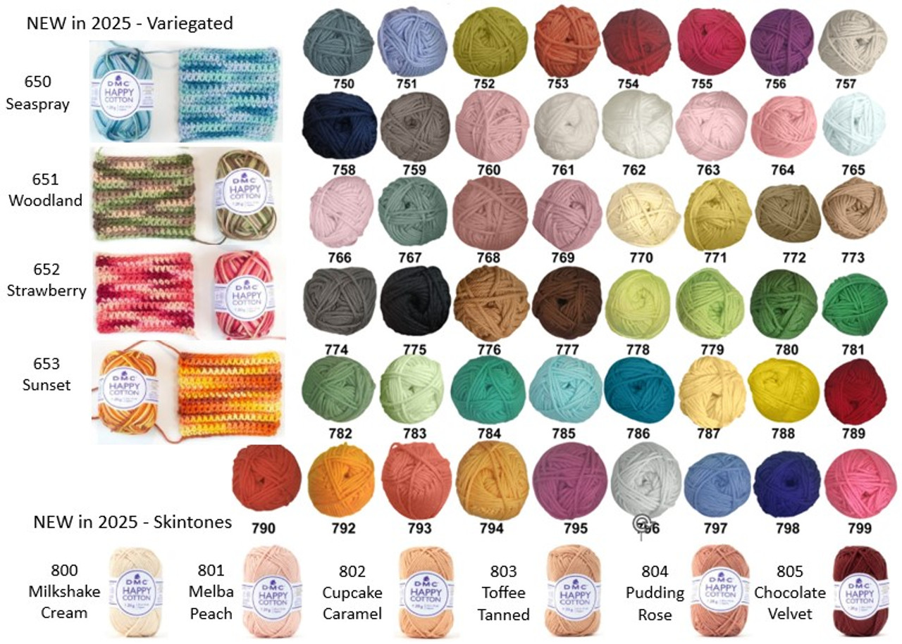 DMC Happy Cotton shade chart 40 original colours plus 4 variegated prints and 6 skin tones
