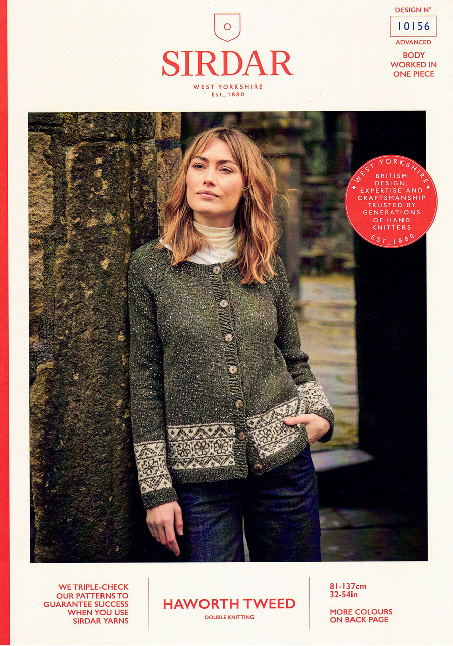 Sirdar 10156 Fair-Isle detail round-neck raglan-sleeve Cardigan - sizes 32" to 54" in Haworth Tweed 8ply