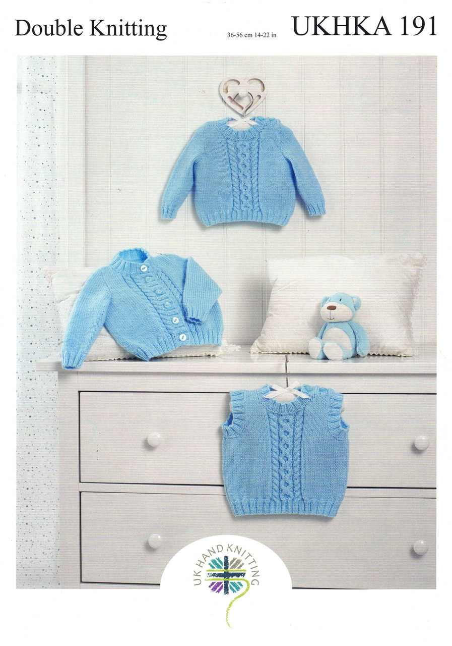 UKHKA-191 Round-neck Vest, Cardigan & Jumper with front cable panel in 8ply - sizes 0 to 24 months (14" to 22")