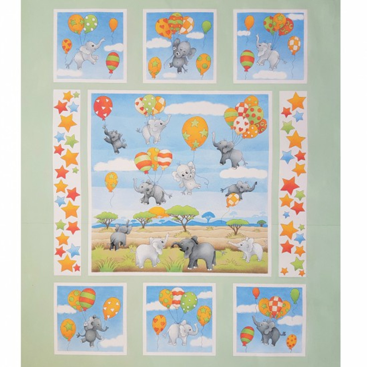 Elephants Up Up & Away - 90cm fabric Panel