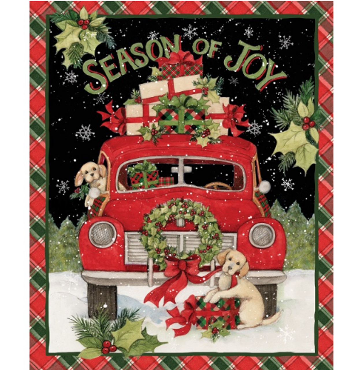 Season of Joy Puppies & Vintage Car - fabric panel 36" x 44"