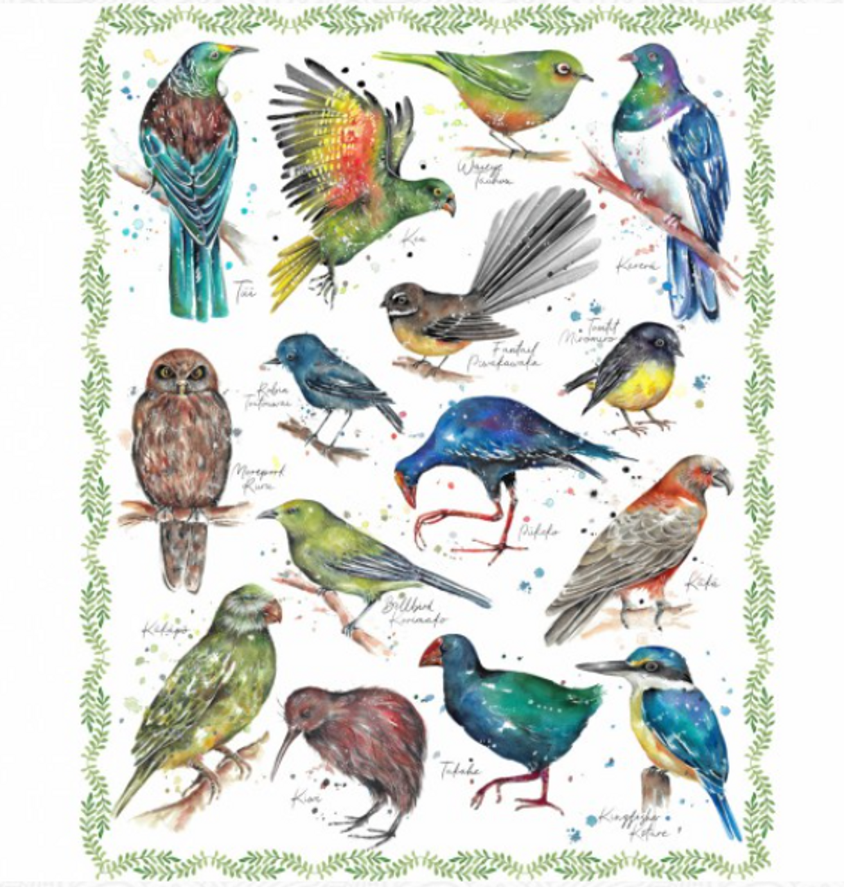 NZ Natives Birds fabric Panel by Fiona Clarke