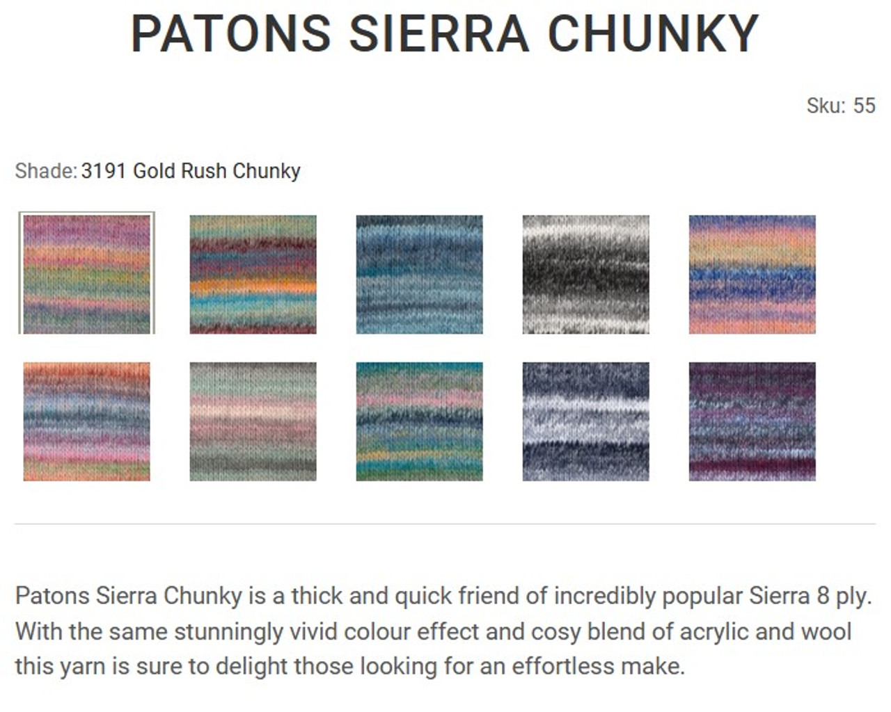 Patons Sierra Chunky 20% Wool 80% Acrylic