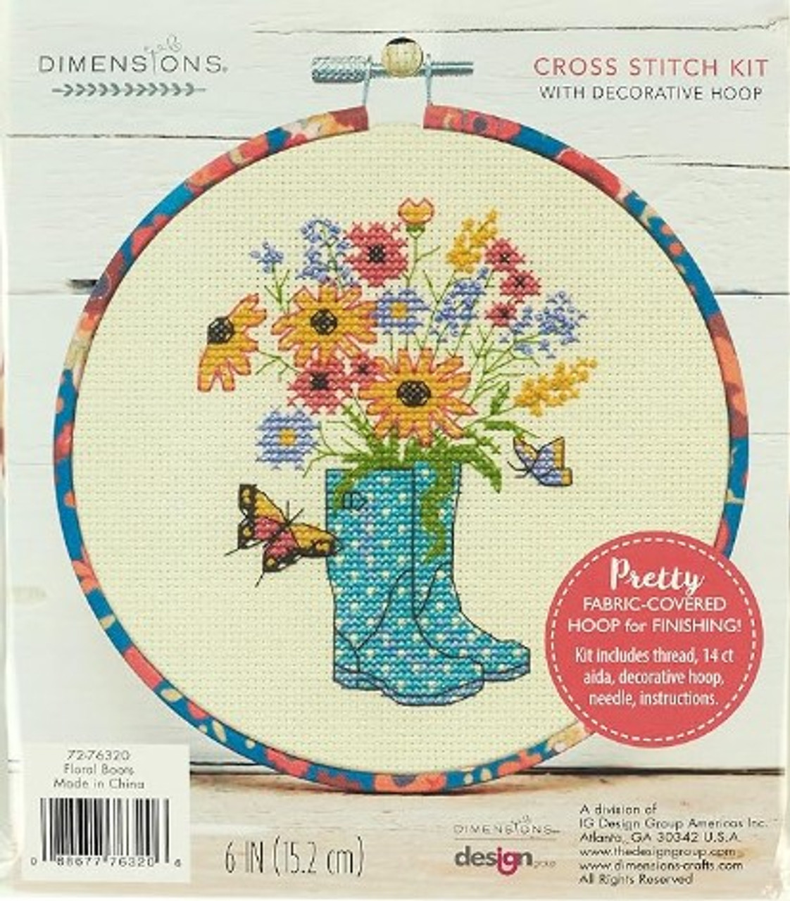 Dimensions Floral Boots counted cross stitch Kit - 6" diameter with hoop, threads & 14 Ct. Ivory Aida