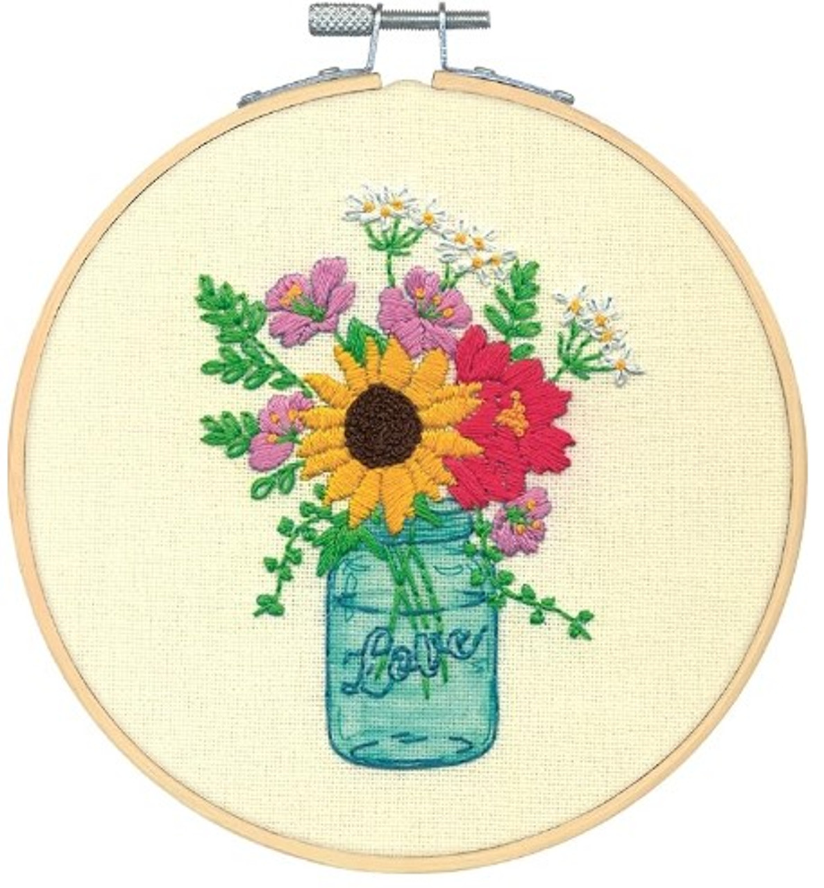 Dimensions Floral Jar Needlepoint Embroidery Kit with fabric, pattern, needle, threads & Bamboo Hoop - 6" diameter