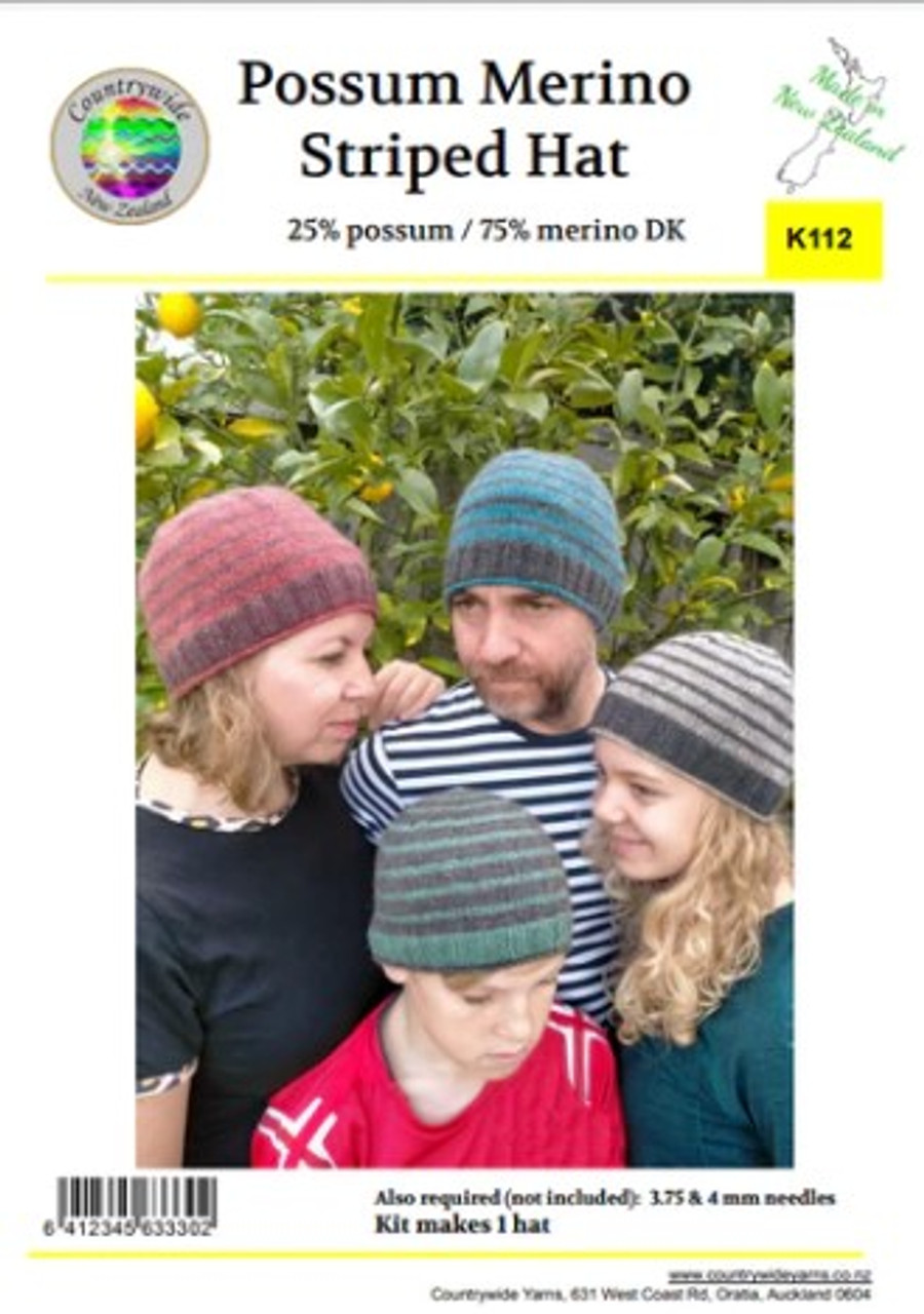 K112 Possum Merino 8ply knitting kit - striped Hat in 5 sizes - child to adult