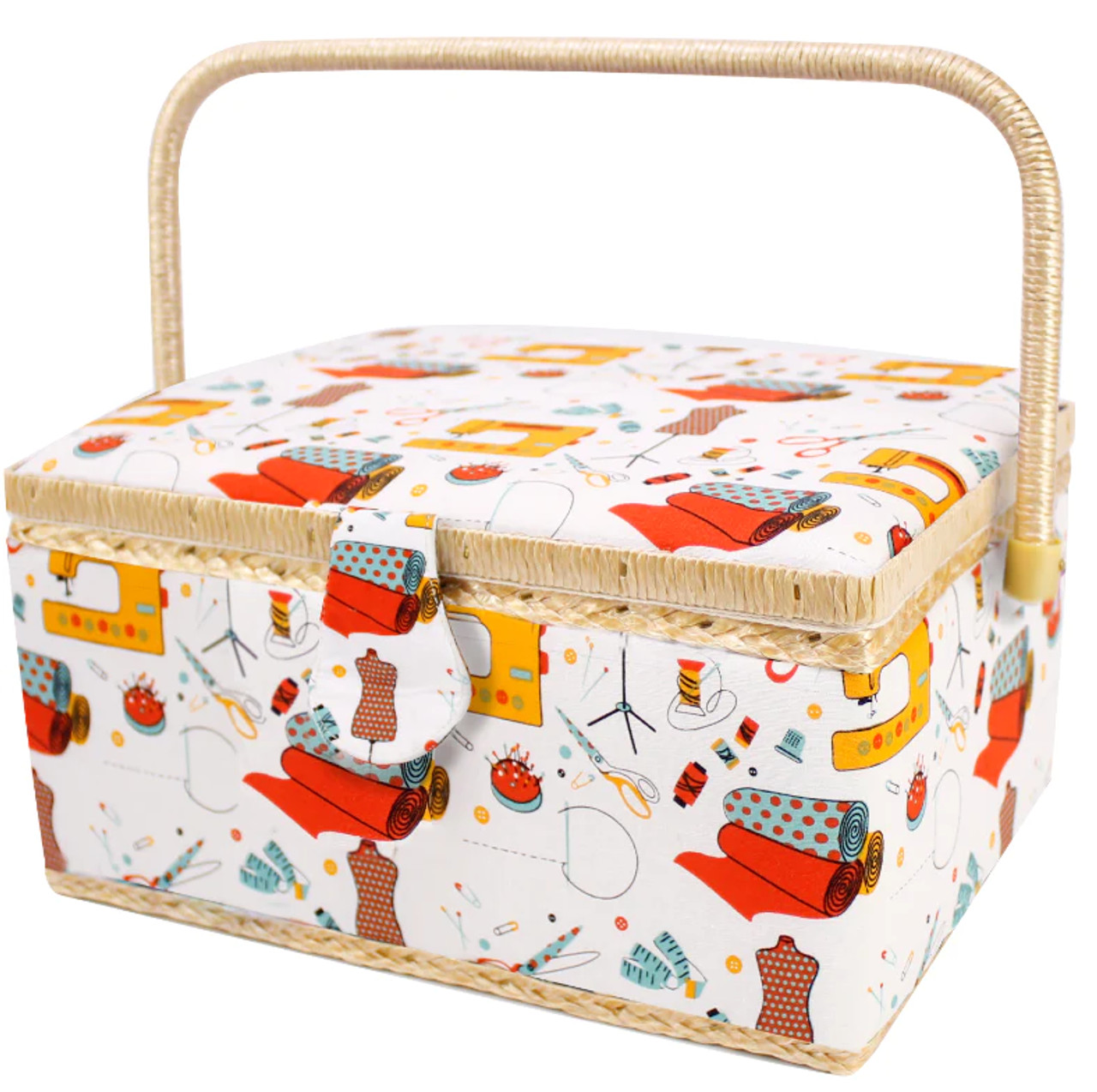 Sewing Basket with carry handle, padded fabric cover, lining , 3 small pockets, pincushion & lift-out tray
