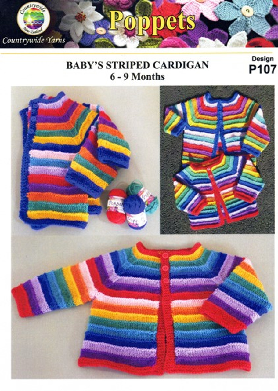 P107 Babys rainbow striped cardigan in Poppets or Happy Feet 4ply - 6 to 9 months