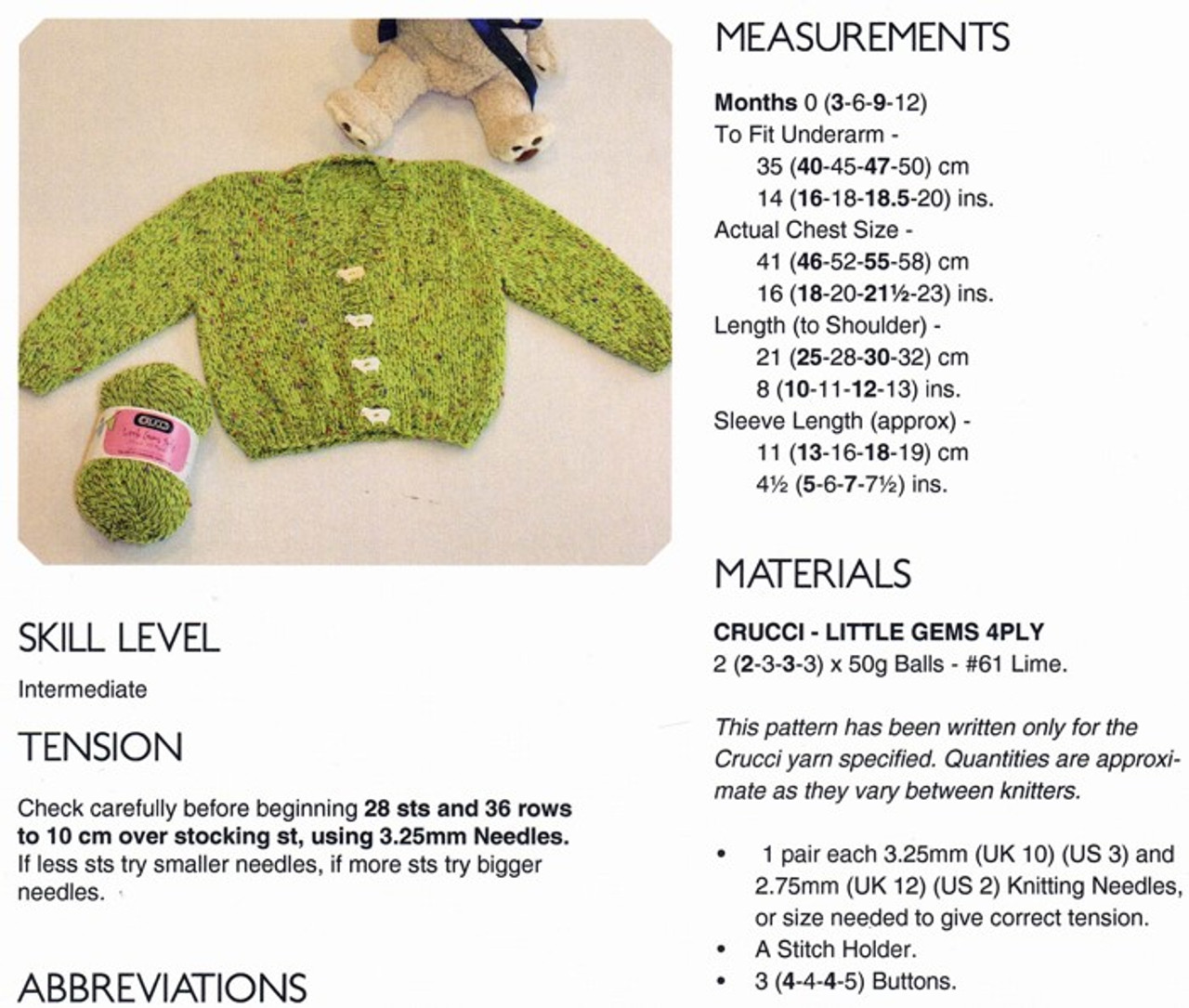 1513 Baby Cardigan with V-neck and set-in sleeves in 4py - sizes newborn to 12 months - knitting pattern detail