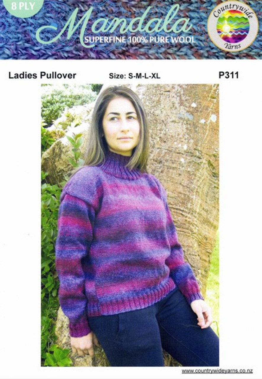 P311 Ladies Pullover with polo/turtle neck in Mandala 8ply wool - sizes S, M, L and  XL knitting pattern