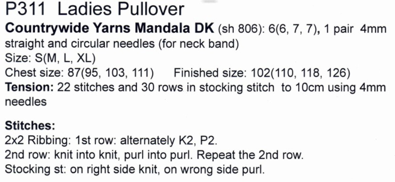 P311 Ladies Pullover with polo/turtle neck in Mandala 8ply wool - sizes S, M, L and  XL knitting pattern sizes