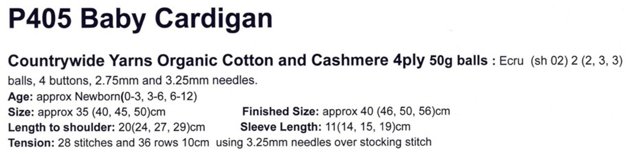 P405 Baby Cardigan knitting pattern with lace detail in Cotton Cashmere 4 ply - with sizes and requirements P405 Baby Cardigan knitting pattern with lace detail in Cotton Cashmere 4 ply - with sizes and requirements