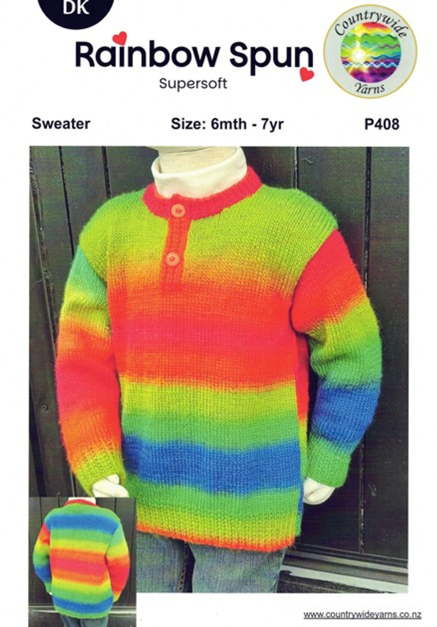 P408 Childs Sweater knitting pattern with button-tab front in Rainbow Spun 8ply