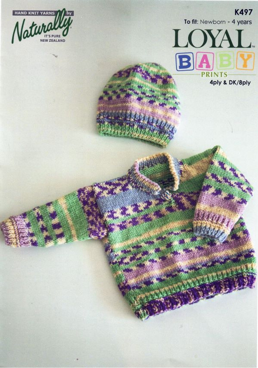 K497 Button neck Jumper & Hat in Loyal Baby Print DK 8ply & 4ply knitting pattern
