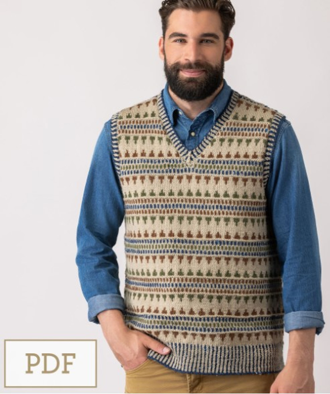 PDF_1024 Digital Cedric Fairisle Mens Button Vest & Pullover in Cleckheaton Country Naturals 8 ply - knitting pattern
