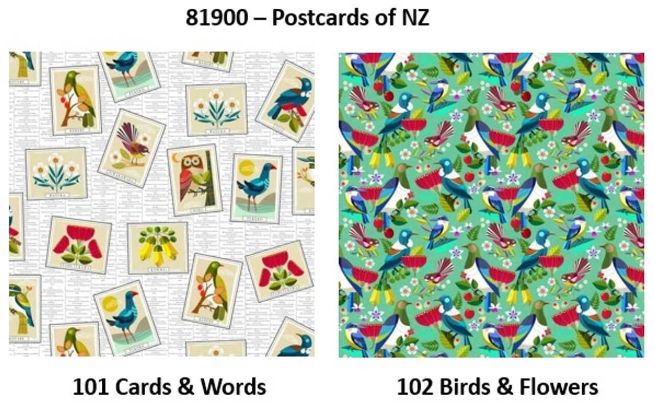 Postcards of NZ - Native Birds & Flowers quilting fabric by Ellen Giggenbach