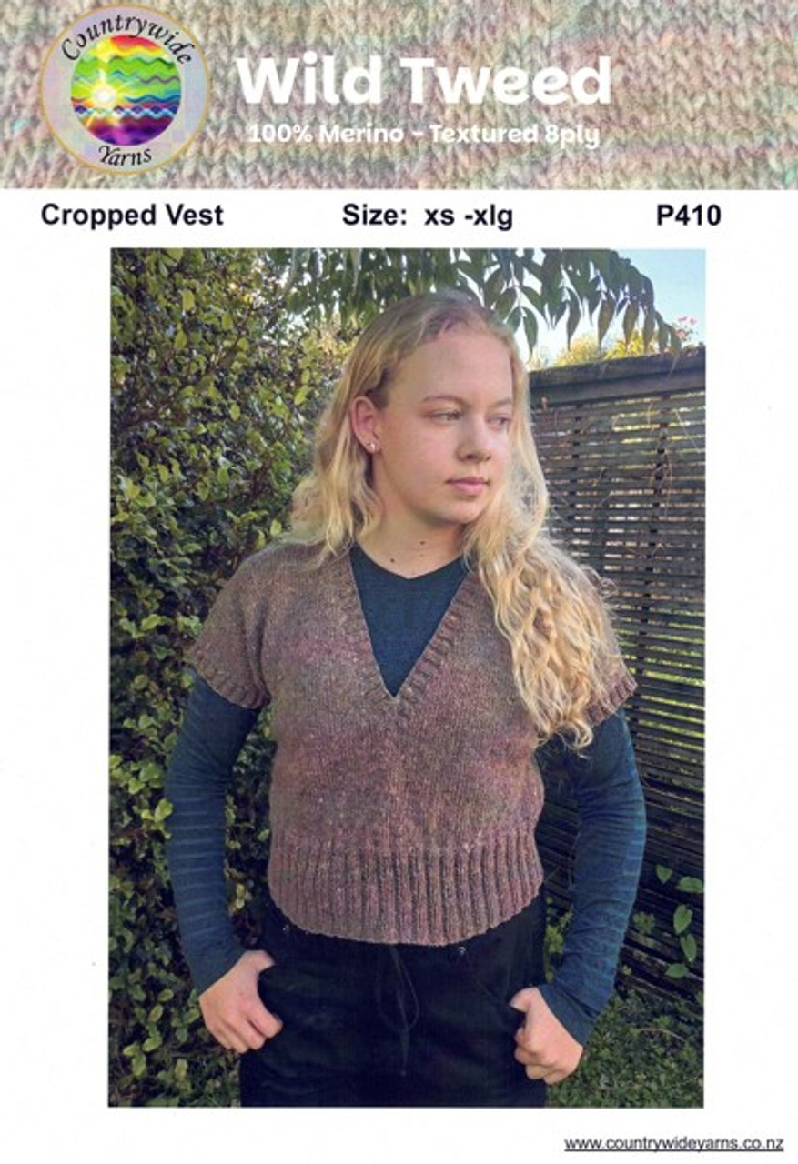 Teens or Ladies cropped V-neck Vest knitting pattern  in Wild Tweed 8ply - sizes XS, S, M, L and XL