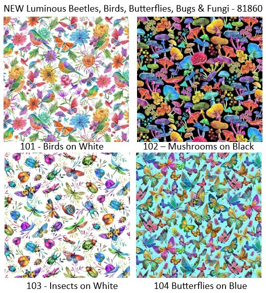 NEW Luminous patchwork and quilting fabric with Beetles, Birds, Butterflies, Bugs, Fungi, Flowers and Mushrooms