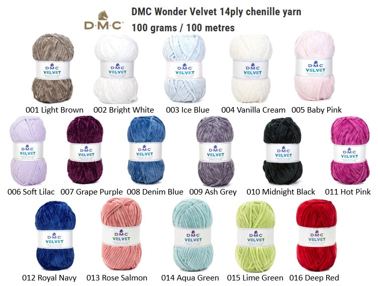 DMC Wonder Velvet 14ply chenille yarn shade chart - 100 grams / 100 metres