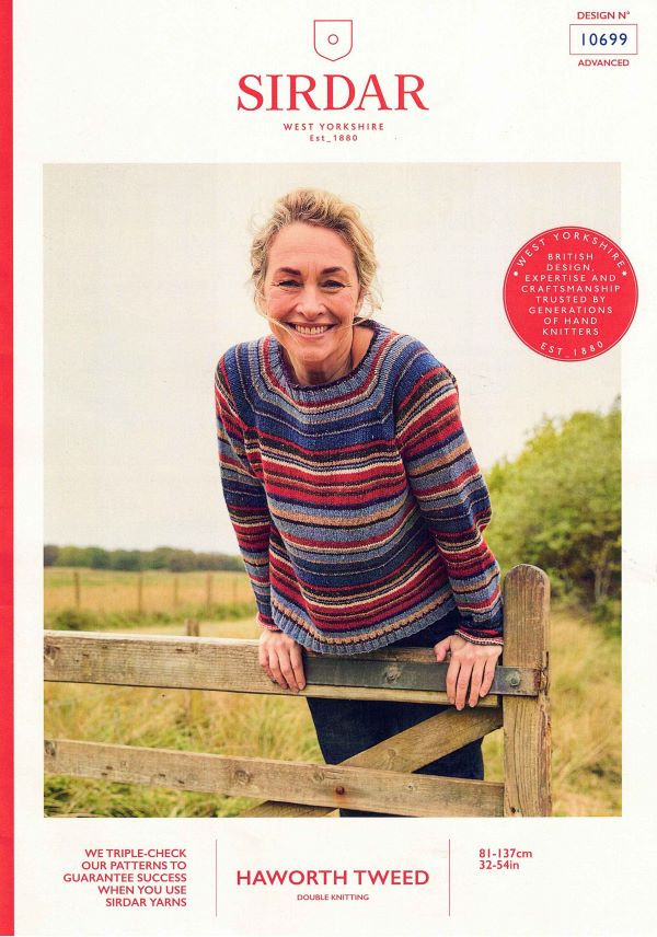 Sirdar 10699 Circular-knit Striped Sweater knitting pattern in Haworth Tweed 8ply