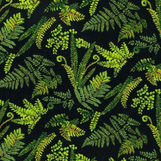 Fernleaf patchwork and quilting fabric NZ fern fronds in greens on navy background