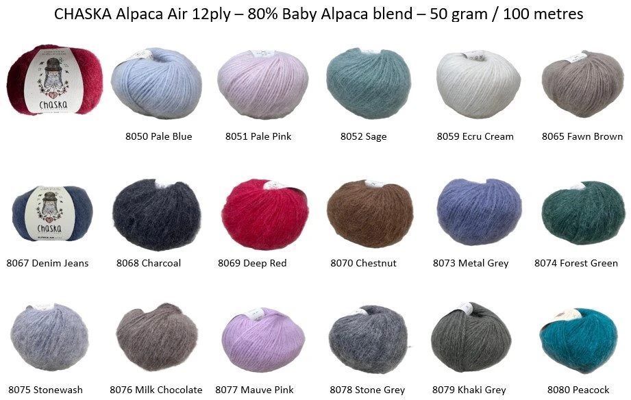 Chaska Alpaca Air 12ply - 80% Baby Alpaca blend - 17 of the best colours for 2026